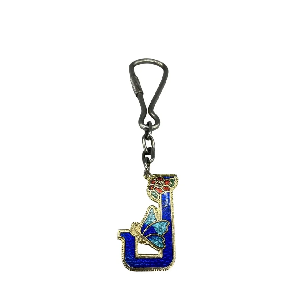 Vintage Cloisonne Enamel Letter J Keychain Butterfly Rose Blue Gold Tone Floral